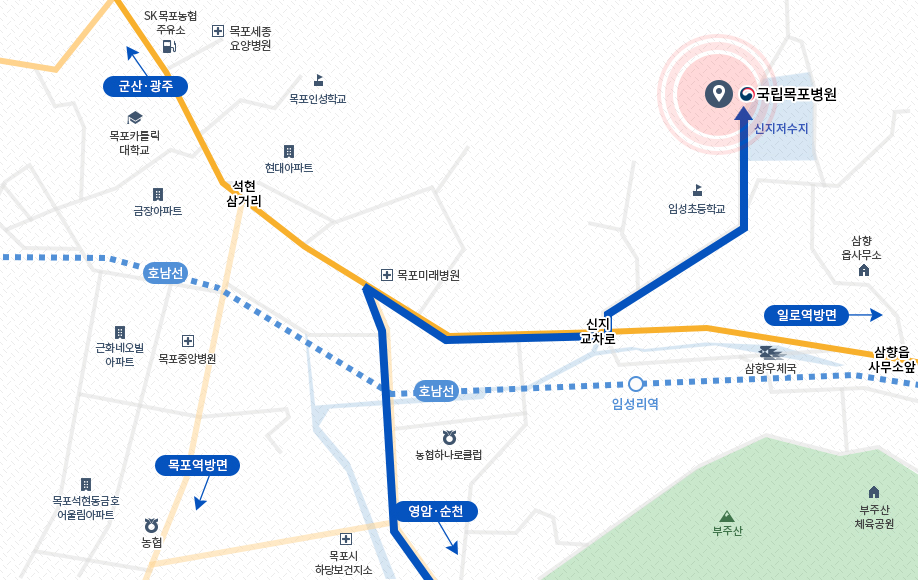 영암·순천방향에서 국립목포병원으로 오시는 약도 - 목포미래병원에서 우회전 후 신지교차로에서 좌측 안쪽에 위치해 있습니다. 근처에 신지저수지가 있습니다.